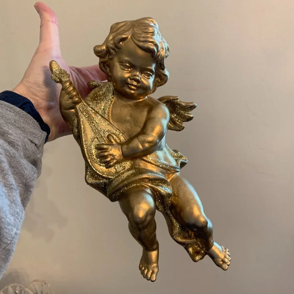 Angel/Cherub Hanging Ornament Vintage Adorable Large Plastic Gold Glittered